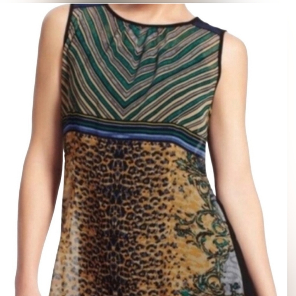 CAbi Green Black Asymmetrical Animal Print Sleeveless Top Small